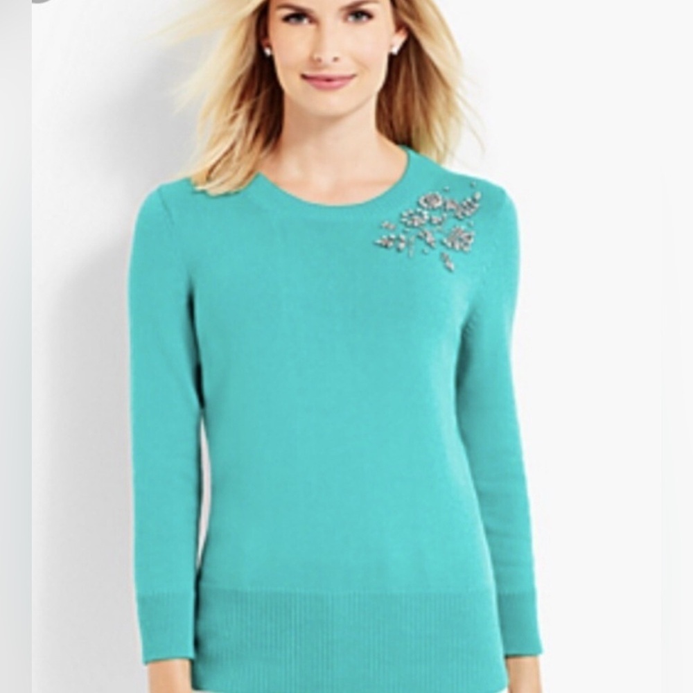 Talbots Teal Cashmere Blend Diamond Gemmed Knit Sweater.     Size-Petite X-Small
